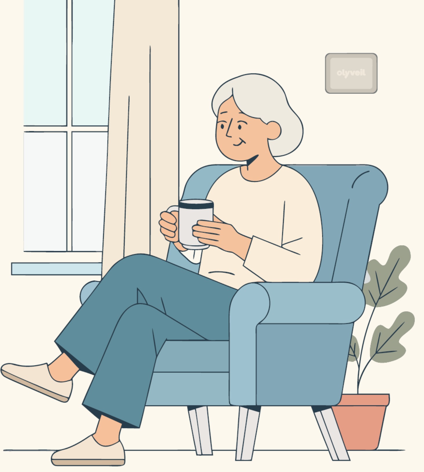 Personne assise chez elle avec un dispositif Olyveil discret au mur